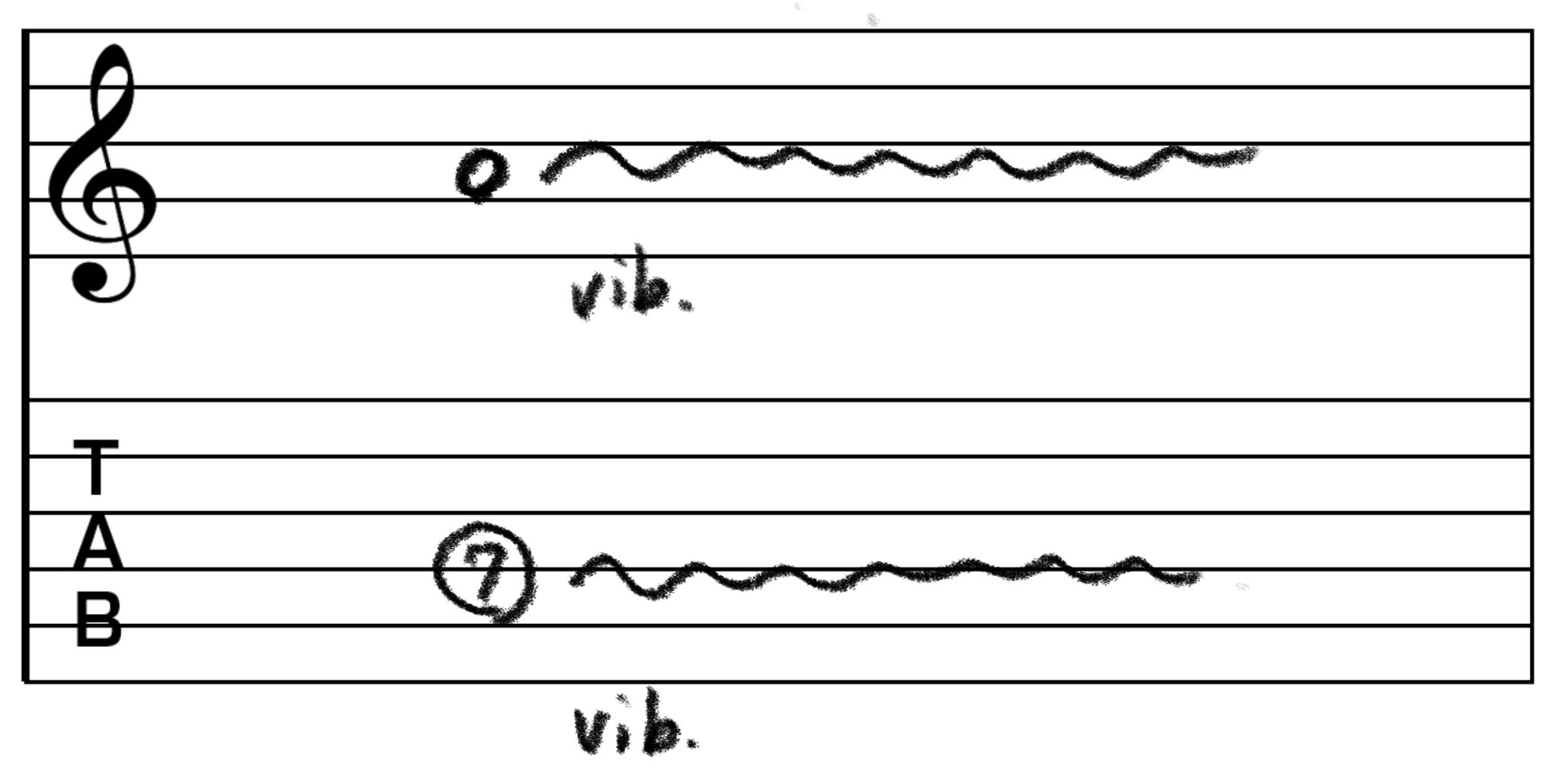 ビブラートのTAB譜です。 4弦7フレットをビブラートをかけて弾くよう指示しています。